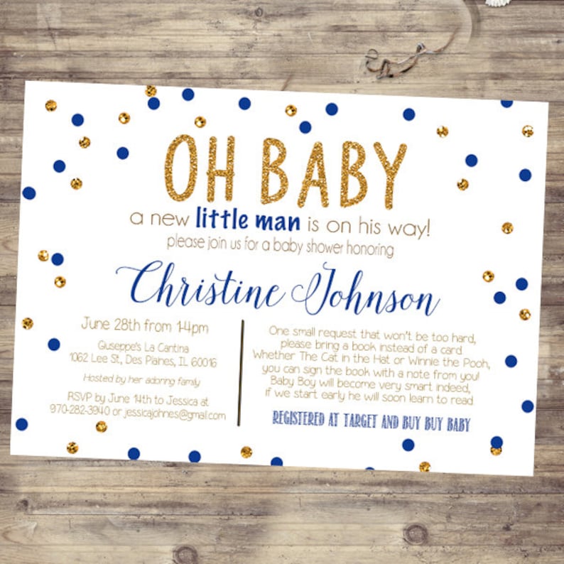 Baby Boy Blue and Gold Baby Shower Invitations Bring A Book Etsy