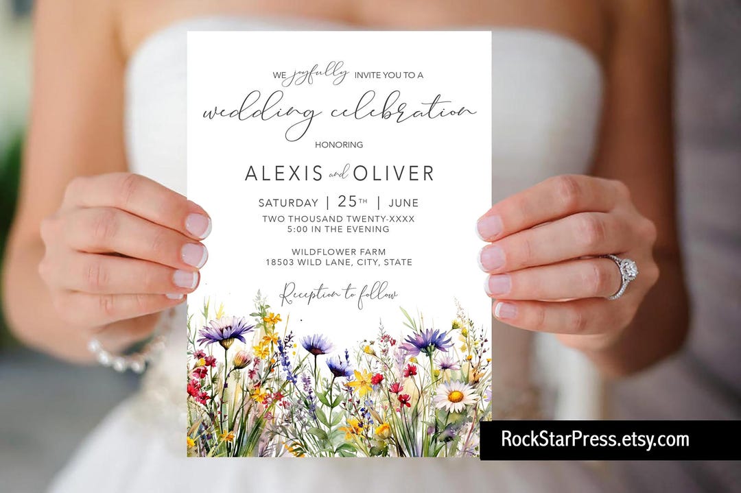 Pink Wildflower Wedding Invitation Printed Garden Wildflower Wedding Boho Wedding Invite Print ...