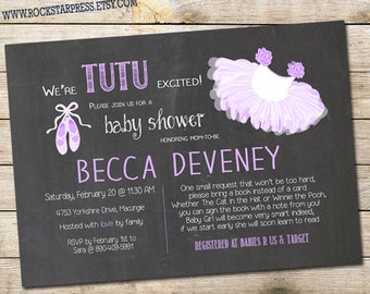 Chalkboard Cute Baby Shower Invitation, Tutu Purple and Ballerina Baby Shower Digital File,  PRINTABLE _1224P