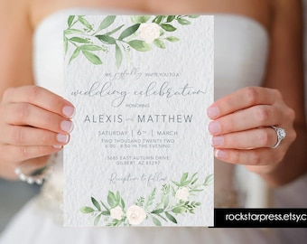 Greenery Wedding Invitation, Greenery and white roses wedding invite suite, Watercolor  _1366