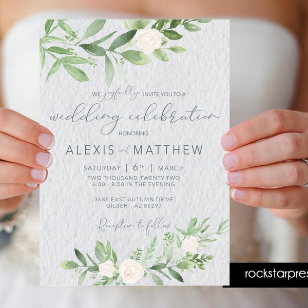 Greenery Wedding Invitation, Greenery and white roses wedding invite suite, Watercolor  _1366
