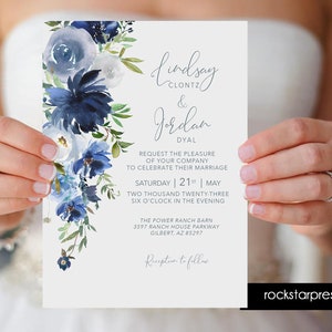 Dusty Blue Floral Wedding Invitation - Blue Wedding Invitation - Printed Blue Wedding Invitation - Watercolor Wedding   _1392