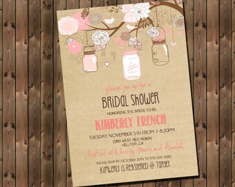 Rustic Bridal Shower Invitation Pink with Mason Jars and Flowers, Digital File, Printable _1182