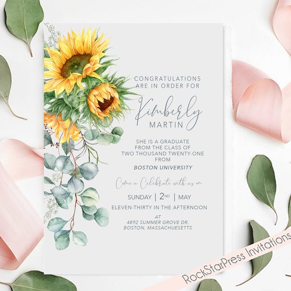 Graduation Party Invitation Sunflower, 2021 Graduation Announcement Invitation, Digital Download _1367