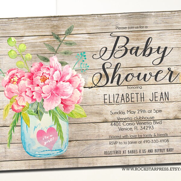 Rustic Baby Girl Shower Invitation Rustic Mason Jar Rustic Baby Shower _1243