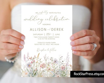 May include: A white wedding invitation with a floral border. The invitation reads "WE joyfully INVITE YOU TO A wedding celebration HONORING ALLISON and DEREK SATURDAY 25th JUNE TWO THOUSAND TWENTY-XXXX 5:00 IN THE EVENING TOBACCO BARN FARM 18503 MO-33, HOLT, MO 64048 Reception to follow"