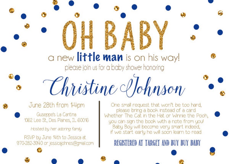 Baby Boy Blue and Gold Baby Shower Invitations Bring A Book Etsy