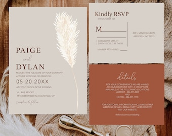 Pampas Minimalist Beige Wedding Invitation, Desert Wedding Invite,  _1401