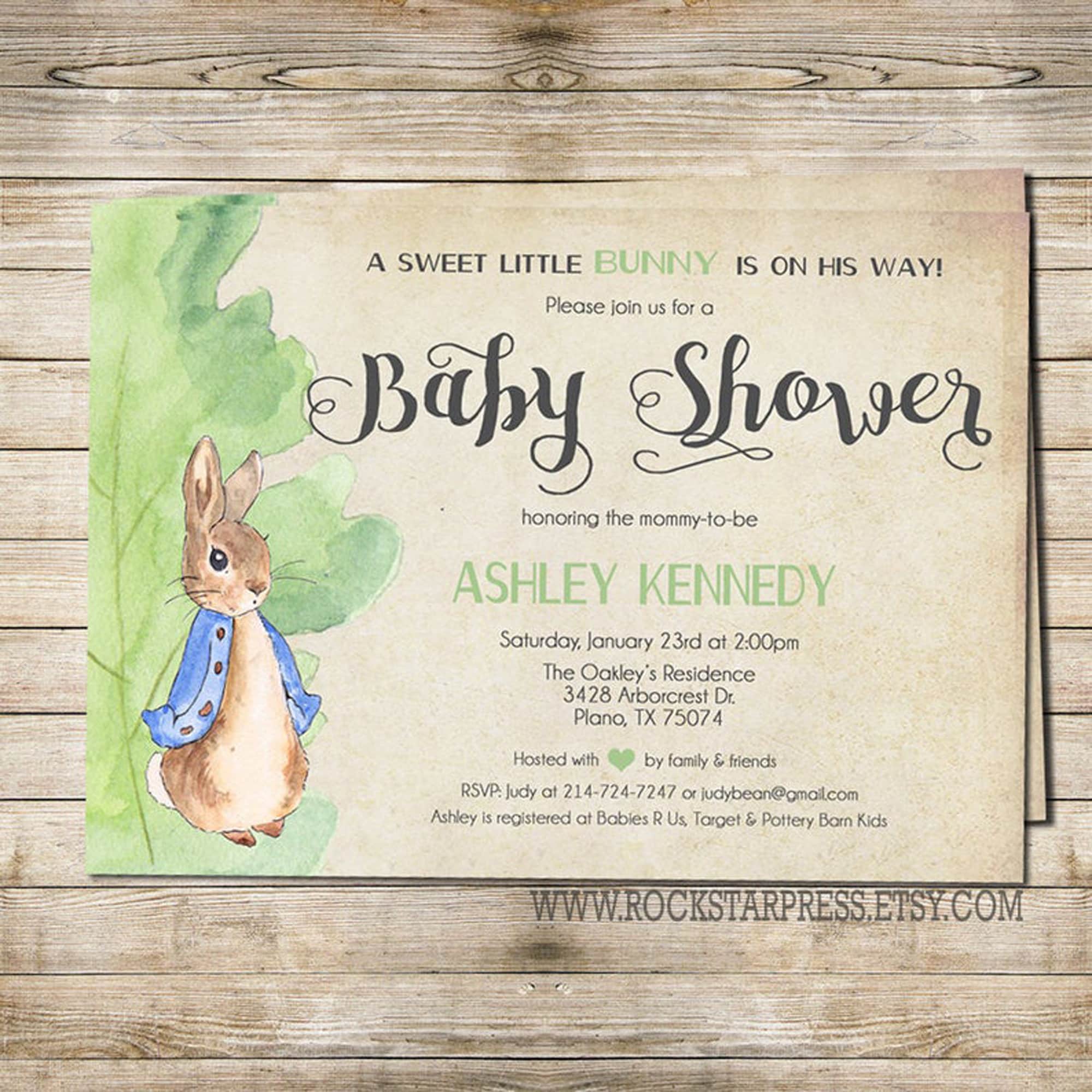 Blue Peter Rabbit Baby Shower Invitation