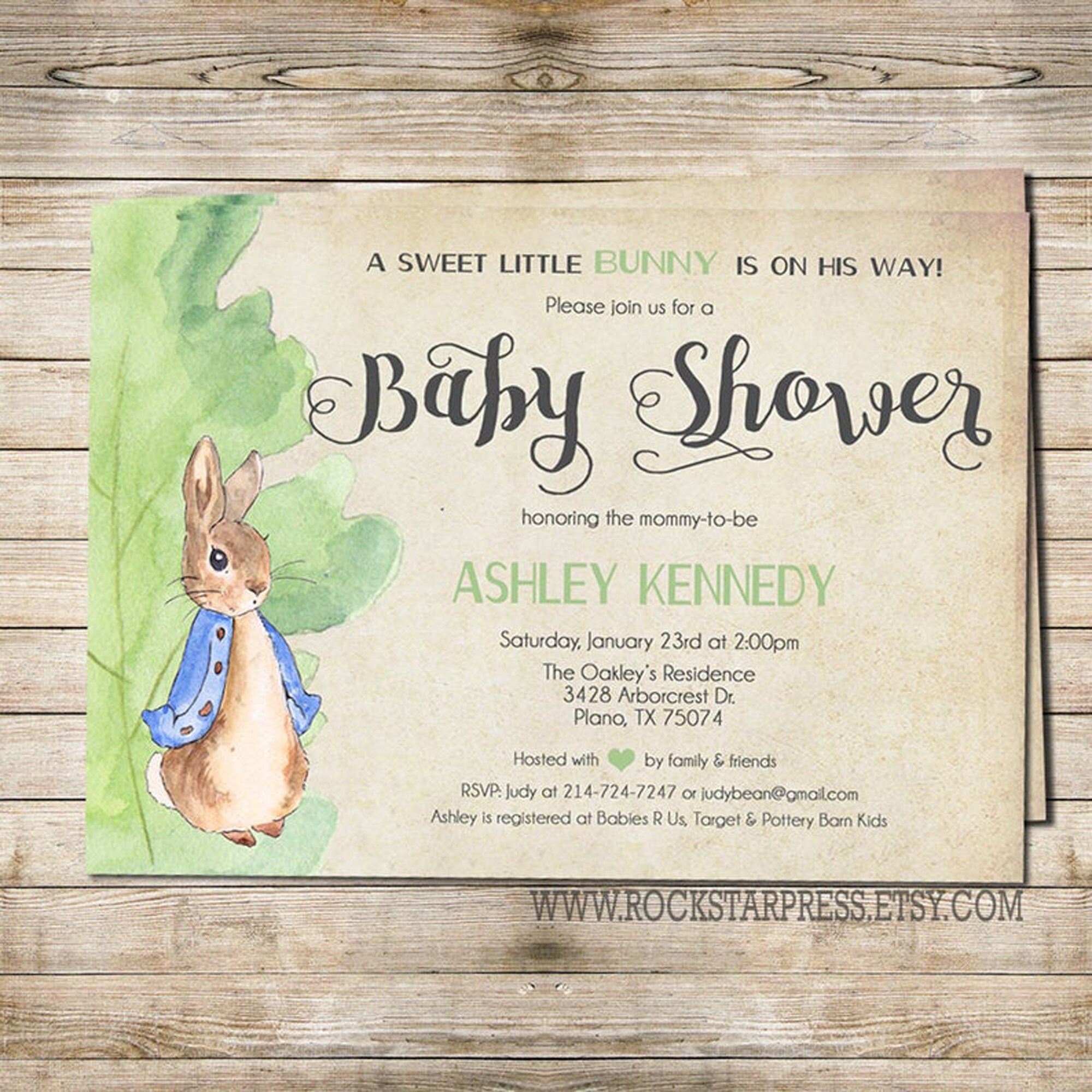 Blue Peter Rabbit Baby Shower Invitation