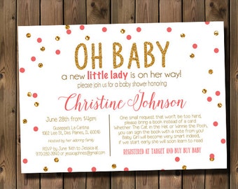 Gold Baby Girl Shower Invitations - Gold, Confetti, Glitter style and Pink, Girl, Bring A Book Poem _ 1121