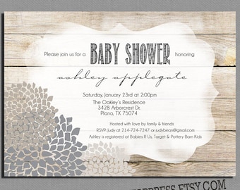 Gender Neutral Baby Shower Invitation, Wood Plank, Peony Baby Shower Invite, Baby Sprinkle, Digital File,  PRINTABLE _1197