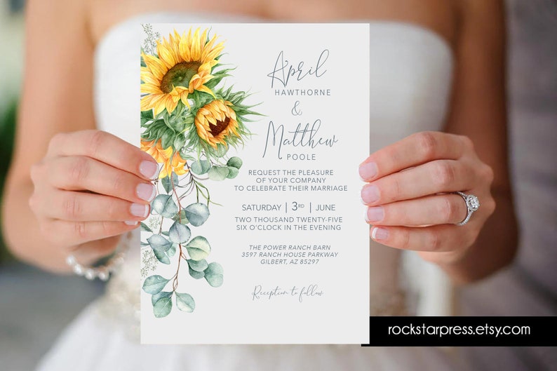 Sunflower Wedding Invitation Rustic Sunflower wedding invite suite, Watercolor _1367 image 1