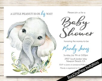 Boy Elephant Baby Shower Invitation, Printed Baby Shower Invitation, Digital Invitation, C143