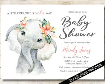 Baby Girl Elephant Baby Shower Invitation, Printed Baby Shower Invitation, C142