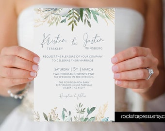 Greenery Wedding Invitation, Watercolor eucalyptus and greenery wedding invite set, Printed  _1365