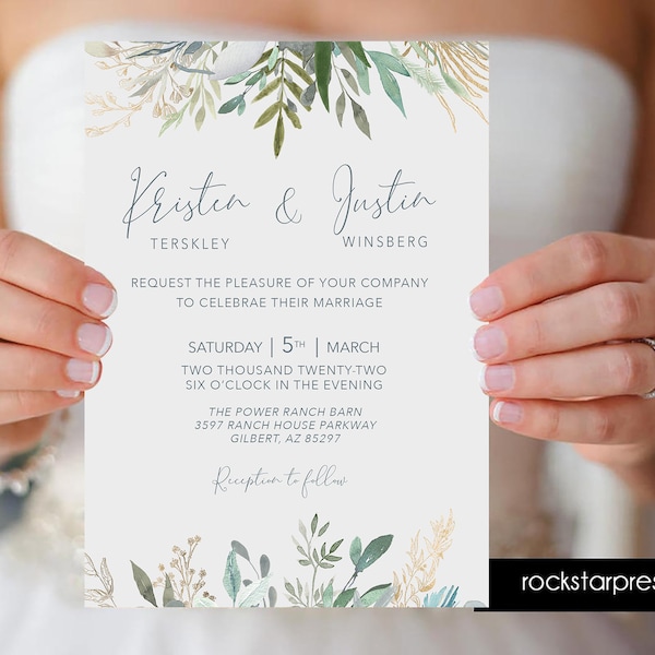 Greenery Wedding Invitation, Watercolor eucalyptus and greenery wedding invite set, Printed  _1365