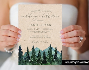 Mountain Wedding Invitation - Rustic Wedding - Forest Wedding Invitation - Outdoor Wedding - Watercolor Wedding   _1388