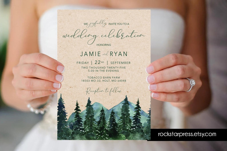 Mountain Wedding Invitation Rustic Wedding Forest Wedding Invitation Outdoor Wedding Watercolor Wedding _1388 画像 1
