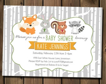 Forest Animals Baby Shower Invitation, Woodland Birch Tree Shower Invitation for Boy, Girl or Gender Neutral_1127