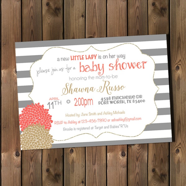 Baby Shower Invite, Grey Coral and Gold with Glitter looking Invitation _1119