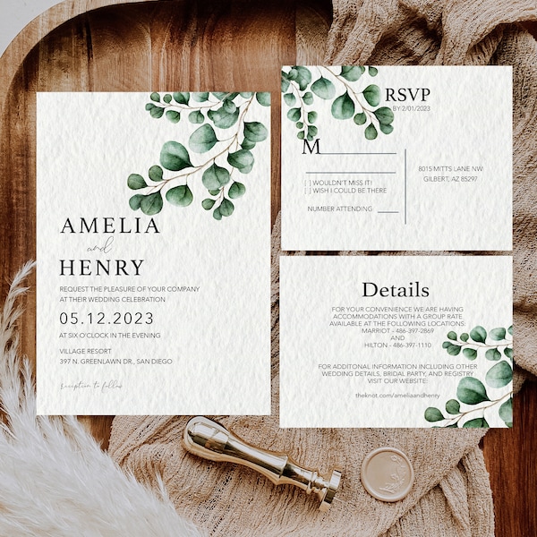 Greenery Wedding Invitation, Eucalyptus wedding invite suite, Watercolor  _1379