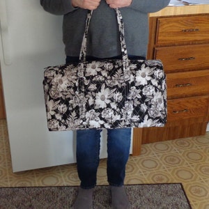 Floral Quilted Weekender Bag: Black, White & Tan Cotton Duffel
