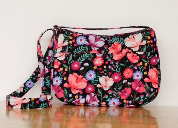 Black Pink Purple Cream Flowered Print Quilted Cross Body - Etsy