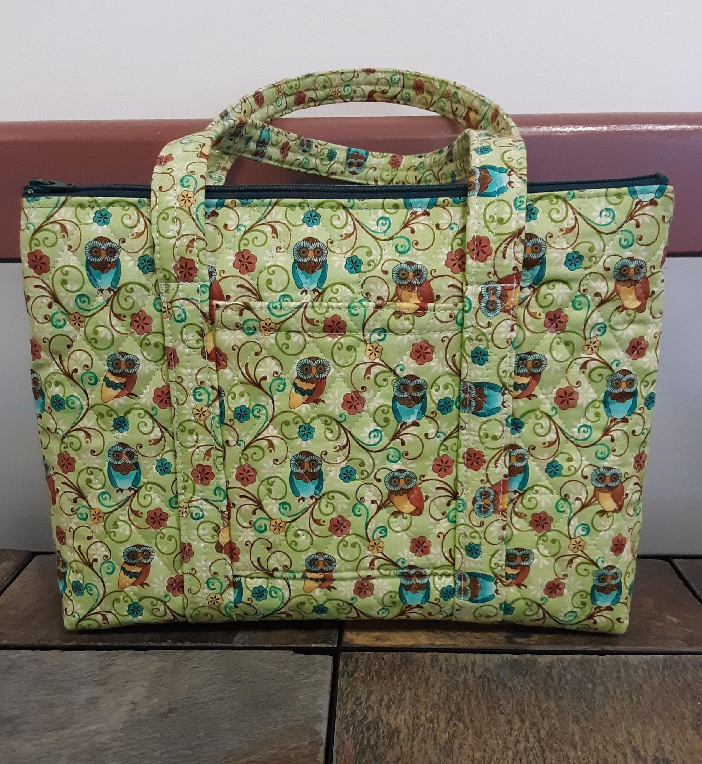 Owls Green Blue Gold Tan Flower Print Quilted Purse Quilted Handbag