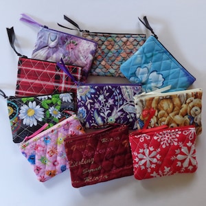 Pochette zippée pour pièces de monnaie Pochette matelassée pour pièces de monnaie, vin flocon de neige, porte-cartes cadeau rouge à carreaux