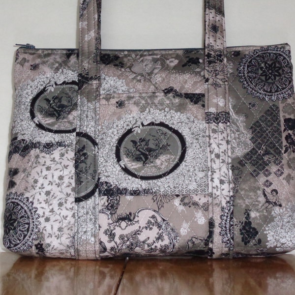 Grey Black Tan White Toile Cherubs Print Quilted Handbag