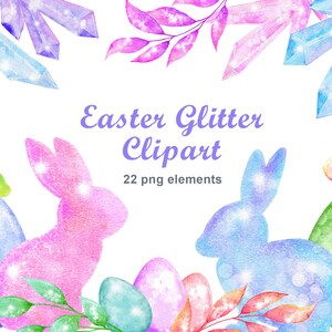 Easter glitter clipart, Shiny bunnies clip art png file, Sparkly Easter pastel rainbow eggs , Shimmer crystals floral leaves
