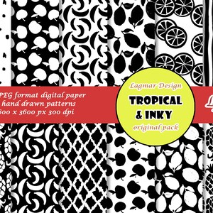 Schwarz-weißes Obst Digitales Papier, Tropical seamless pattern file, 90er trendiger Stoffdruck, Banane Zitrone Zitrone Zitrone Apfel Ananas