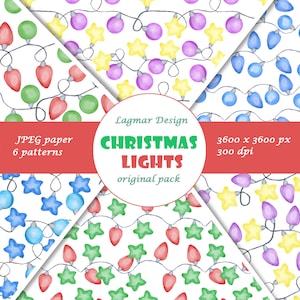 Christmas string lights digital paper, New Year seamless pattern file, Winter holiday fabric print, Vintage ornaments holiday design