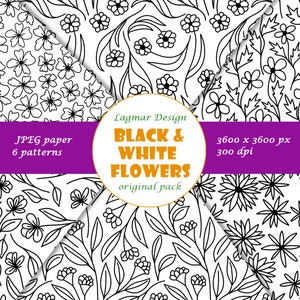 Carta digitale floreale in bianco e nero, file di motivi senza cuciture floreali, foglie di fiori, stampa minimalista su tessuto scandinavo