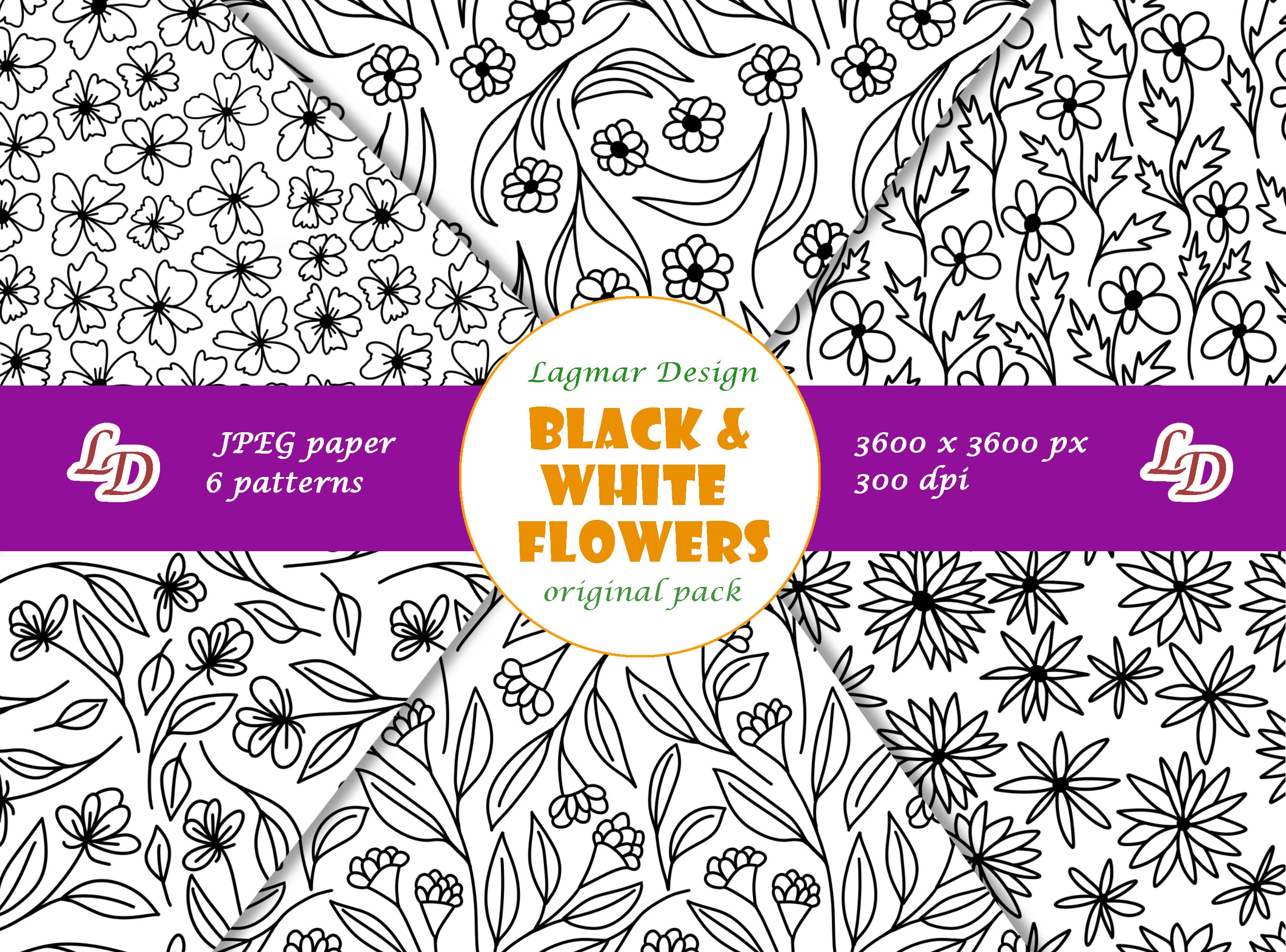 Black and white floral digital paper, Flower seamless pattern file, Blossom leaves, Minimalist Scandinavian doodles fabric print