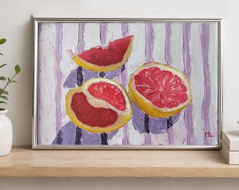Peinture à l'huile originale de pamplemousse et d'agrumes dans la cuisine. Art mural sur papier toile, nature morte moderne