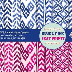 Puede incluir: Un conjunto de 12 patrones de papel digital con estampados ikat azules y rosas. Los patrones son de 3600 x 3600 píxeles y 300 ppp.