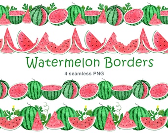 Watermelon png seamless borders, Digital watercolor summer frames, Tropical fruit party decor, Holiday vacation