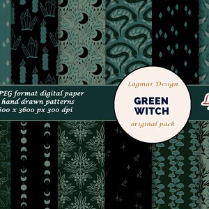 May include: A set of 12 digital paper patterns featuring green and black colors with various illustrations, including moons, snakes, crystals, mushrooms, and leaves. The text "Green Witch Original Pack" is displayed on the image.