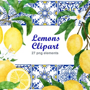 Zitrone Clipart, Sommer Zitrusfrucht Hochzeit Ausdrucke, Azulejo portugiesische Fliesen Dekor, Spanisch Andalusisch blau weiß Clip Art