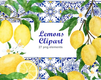 Lemon clipart, Summer citrus fruit wedding printables, Azulejo Portuguese tiles decor, Spanish Andalusian blue white clip art