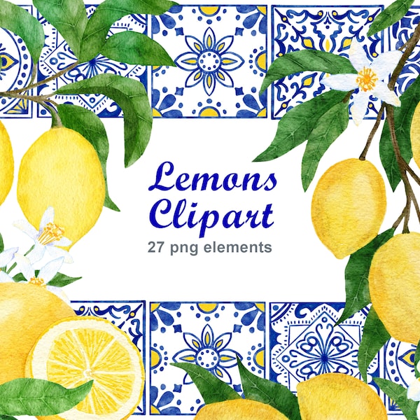 Lemon clipart, Summer citrus fruit wedding printables, Azulejo Portuguese tiles decor, Spanish Andalusian blue white clip art