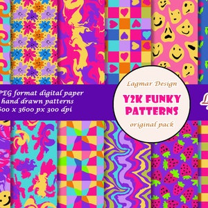 Y2K デジタル ペーパー、1990 年代 2000 年代のシームレス パターン ファイル、メンフィス ネオン、レトロな 90 年代のファブリック アブストラクト、チェック模様の波と花の笑顔のプリント
