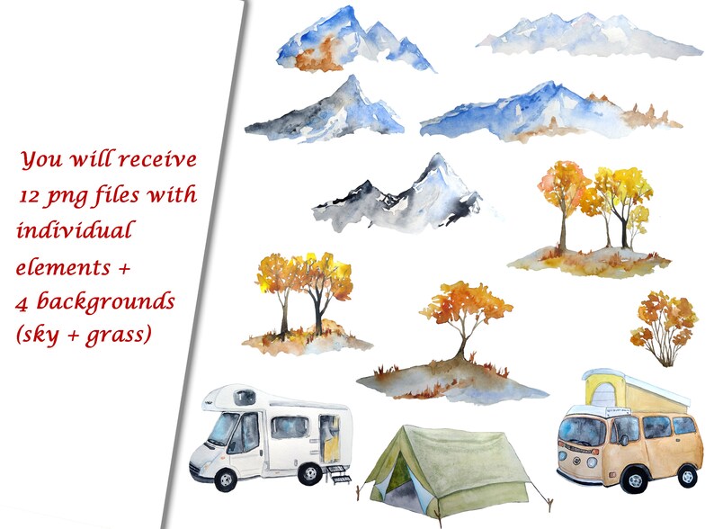 May include: Watercolor illustrations of mountains, trees, a camper van, a tent, and a vintage van. The illustrations are in a light blue, brown, and green color palette.