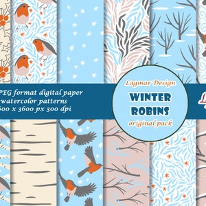 Papel digital Robin, arquivo de padrão sem emenda de pássaro de inverno, impressão em tecido de madeira florestal, floresta de Natal de berçário