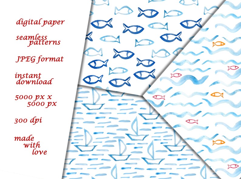 May include: Three digital paper patterns featuring watercolor illustrations of blue fish, blue sailboats, and blue waves. The patterns are seamless and perfect for crafting and design projects.