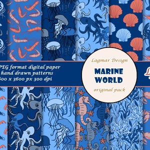 Papel digital náutico, archivo de patrones sin fisuras de animales marinos, conchas de algas de cangrejo de pulpo de caballito de mar, descarga de océano submarino de verano