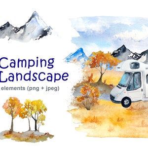 May include: Watercolor illustration of a camping scene with a white camper van parked in a field with mountains in the background. The scene includes trees with orange and yellow leaves, and a blue sky with white clouds.