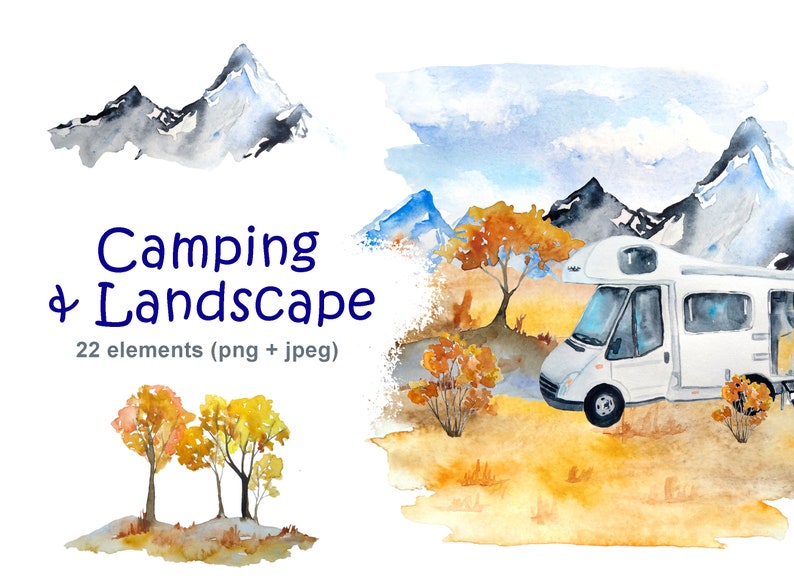 May include: Watercolor illustration of a camping scene with a white camper van parked in a field with mountains in the background. The scene includes trees with orange and yellow leaves, and a blue sky with white clouds.